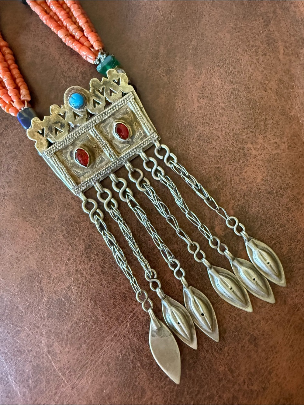 Bohemian Coral Bead Pendant Necklace with Turquoise and Red Stone Accents